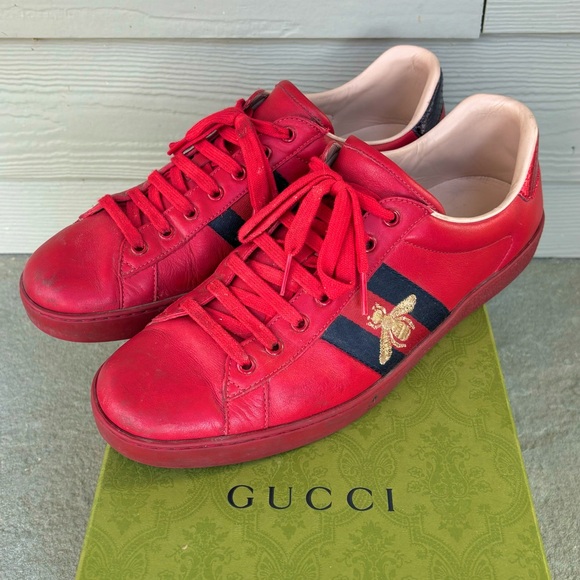 Gucci Ace Red Leather with Gold Insect Embroidery Sneakers for Men 🔥 - Picture 1 of 9